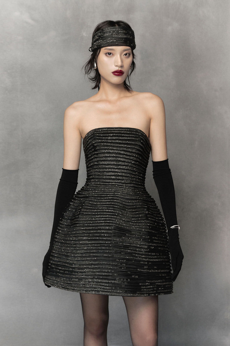 BLACK MINI TULLE DRESS WITH METAL BEADS - CULT MIA