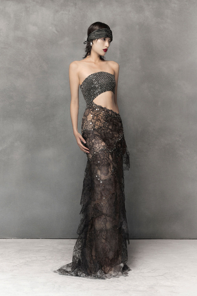 Phan Huy Black Sheer Lace Silk Dress with Cut-Out Top | Cult Mia Phan Huy Black Sheer Lace Silk Dress with Cut-Out Top | Cult Mia
