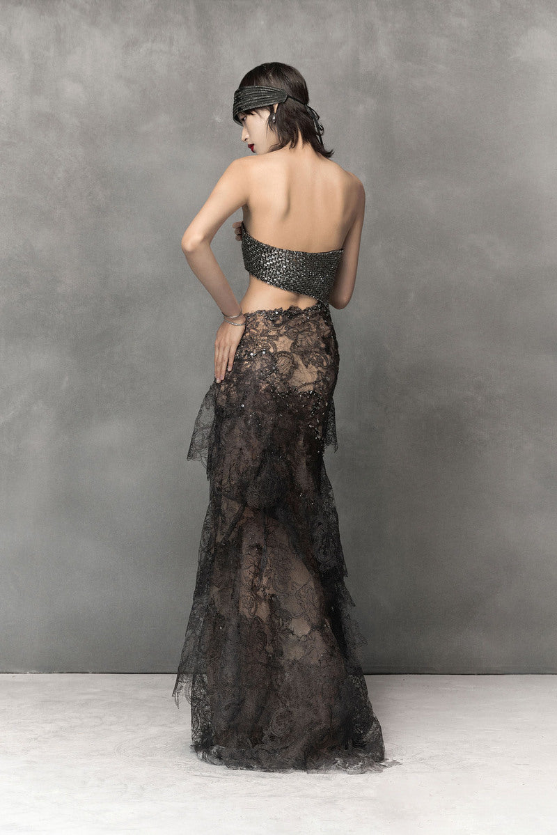 BLACK SHEER LACE SILK DRESS WITH CUT-OUT TOP CULT MIA Phan Huy