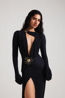 Deme By Gabriella Aldona black maxi dress with flowing fabric and elegant design, perfect for formal or casual occasions.