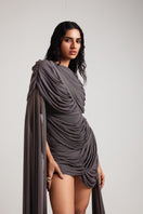 Deme By Gabriella Eliana purple dove mini dress shown on a model, featuring a fitted silhouette and stylish design.