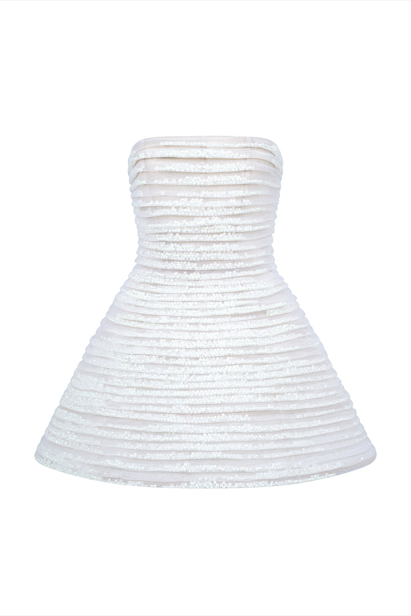 White mini tulle dress with metal beads by Phan Huy, front view showcasing delicate fabric and beaded embellishments.