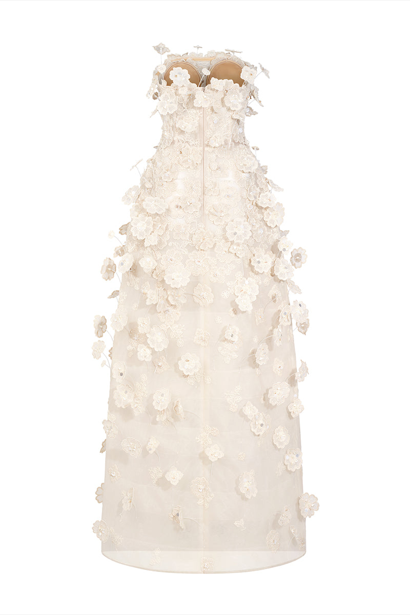 Back view of Phan Huy floral lace gown with intricate metal bead embellishments and elegant design.