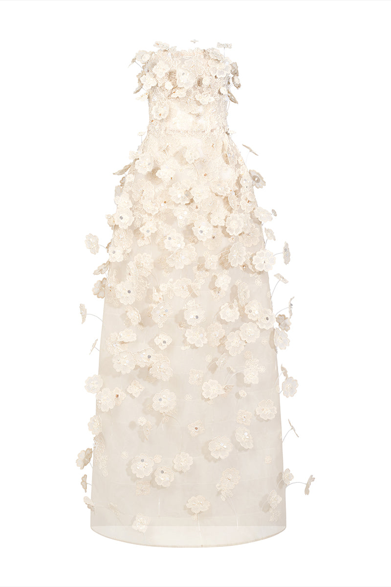 FLORAL LACE GOWN WITH METAL BEADS - CULT MIA
