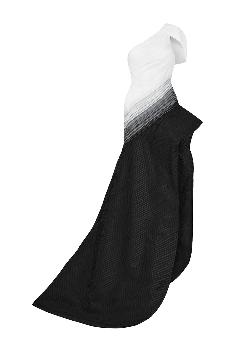 BLACK WHITE AND GRAY ONE-SHOULDER LAYERED GOWN - CULT MIA