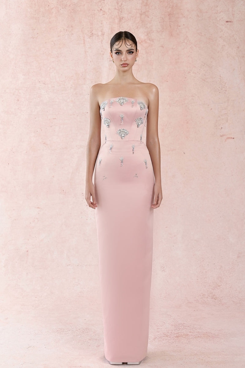 pink satin dress with rhinestones Pink Strapless Satin Corset Dress With Exposed Boning And Beading