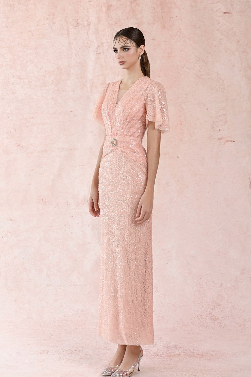 PINK SEQUIN RUFFLE DRESS - CULT MIA