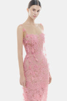 Pink beaded lace pencil gown by Montsand featuring a fitted silhouette and elegant lace detailing.