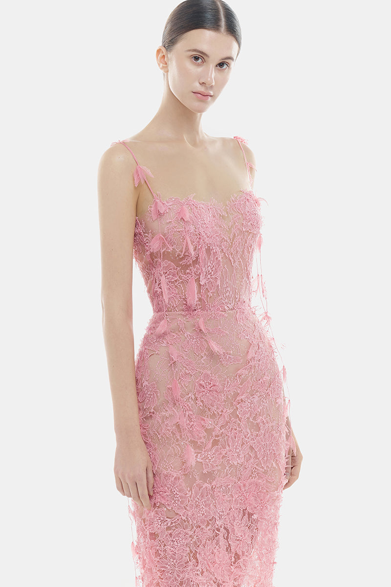 Pink beaded lace pencil gown by Montsand featuring a fitted silhouette and elegant lace detailing.