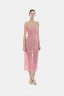 Pink beaded lace pencil gown by Montsand featuring intricate beadwork and elegant lace details.