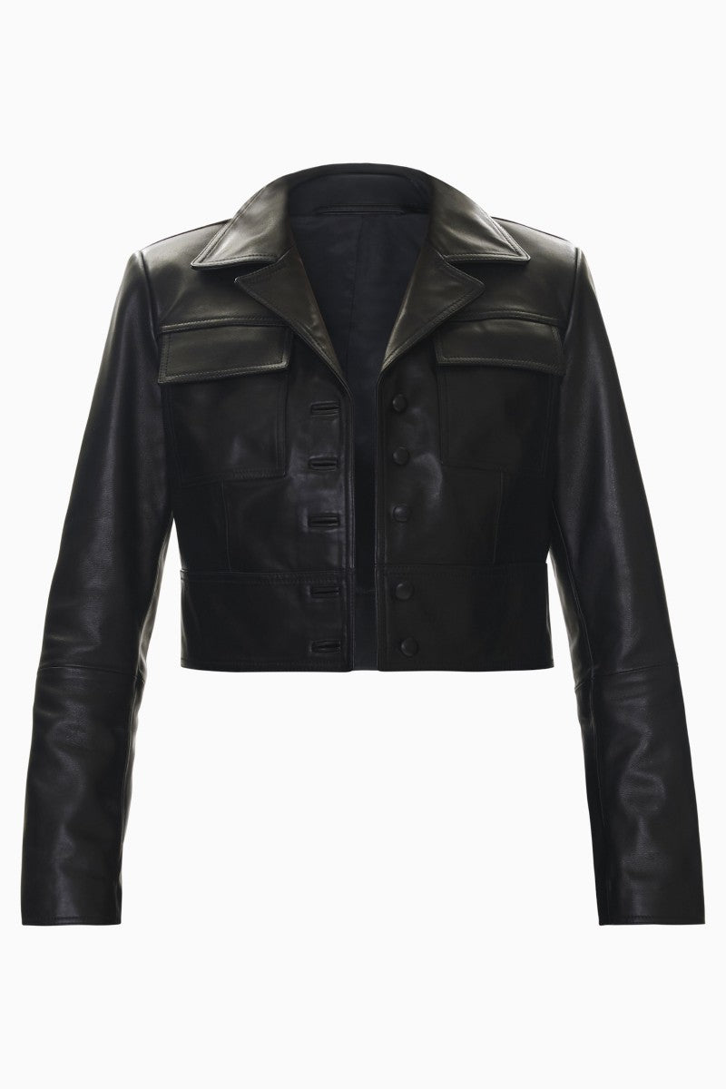 Rebecca Taylor Piper crop leather jacket in black, shown with front view highlighting the sleek design and cropped fit.