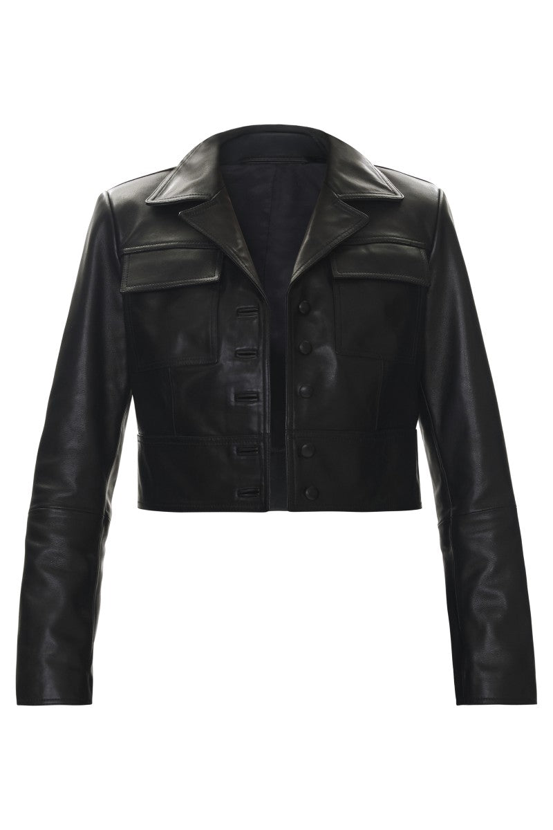 Rebecca Taylor Piper crop leather jacket in black with a sleek, fitted design and classic collar.
