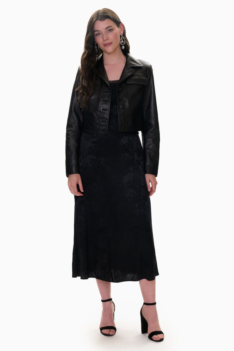 Rebecca Taylor Piper crop leather jacket in black, featuring a sleek design and cropped fit, shown on a model.
