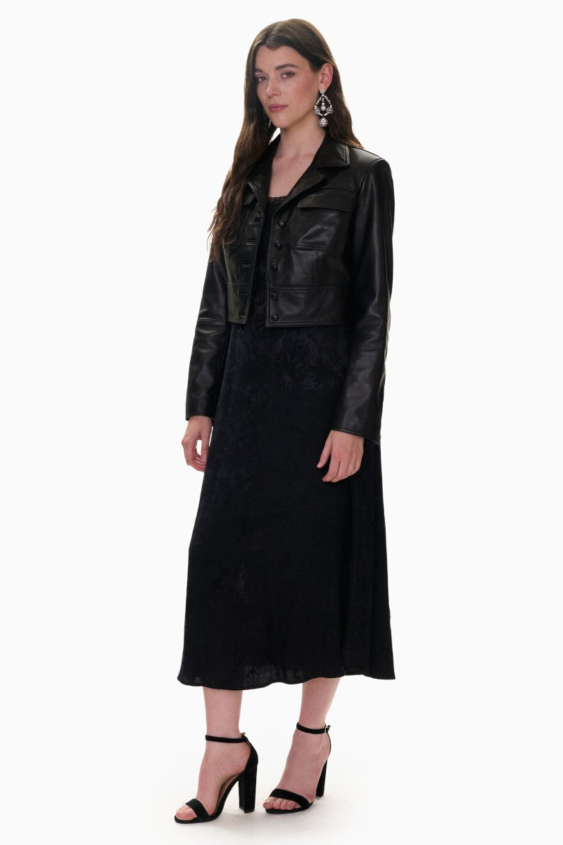 Rebecca Taylor Piper crop leather jacket in black, showcasing a fitted cropped style with sleek leather material.