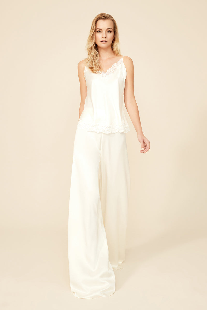 Bocan Couture Paige cami and high-waisted off-white pajama set, soft fabric, with matching top and bottoms on a flat lay.
