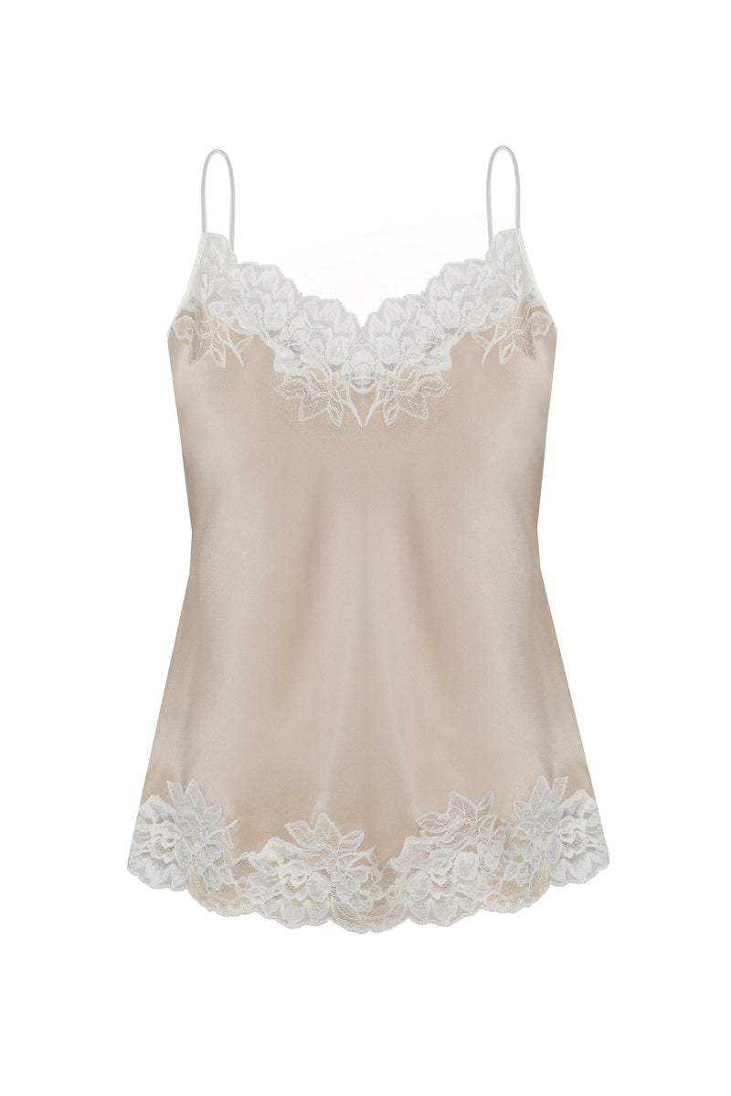 Georgia beige cami and shorts pajama set by Bocan Couture, featuring a comfortable beige fabric with a relaxed fit.