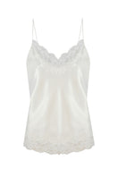 Bocan Couture Paige cami and high-waisted off-white pajama set displayed on a hanger with a soft fabric texture