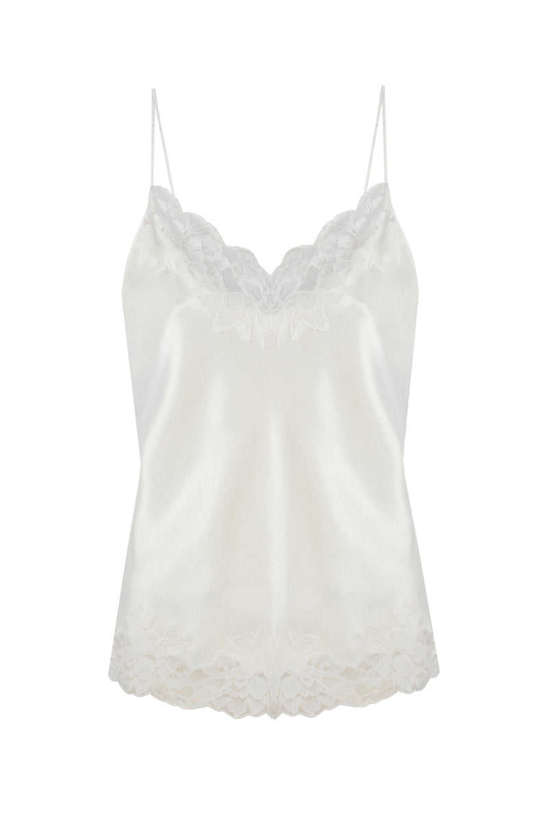 Bocan Couture Paige cami and high-waisted off-white pajama set displayed on a hanger with a soft fabric texture