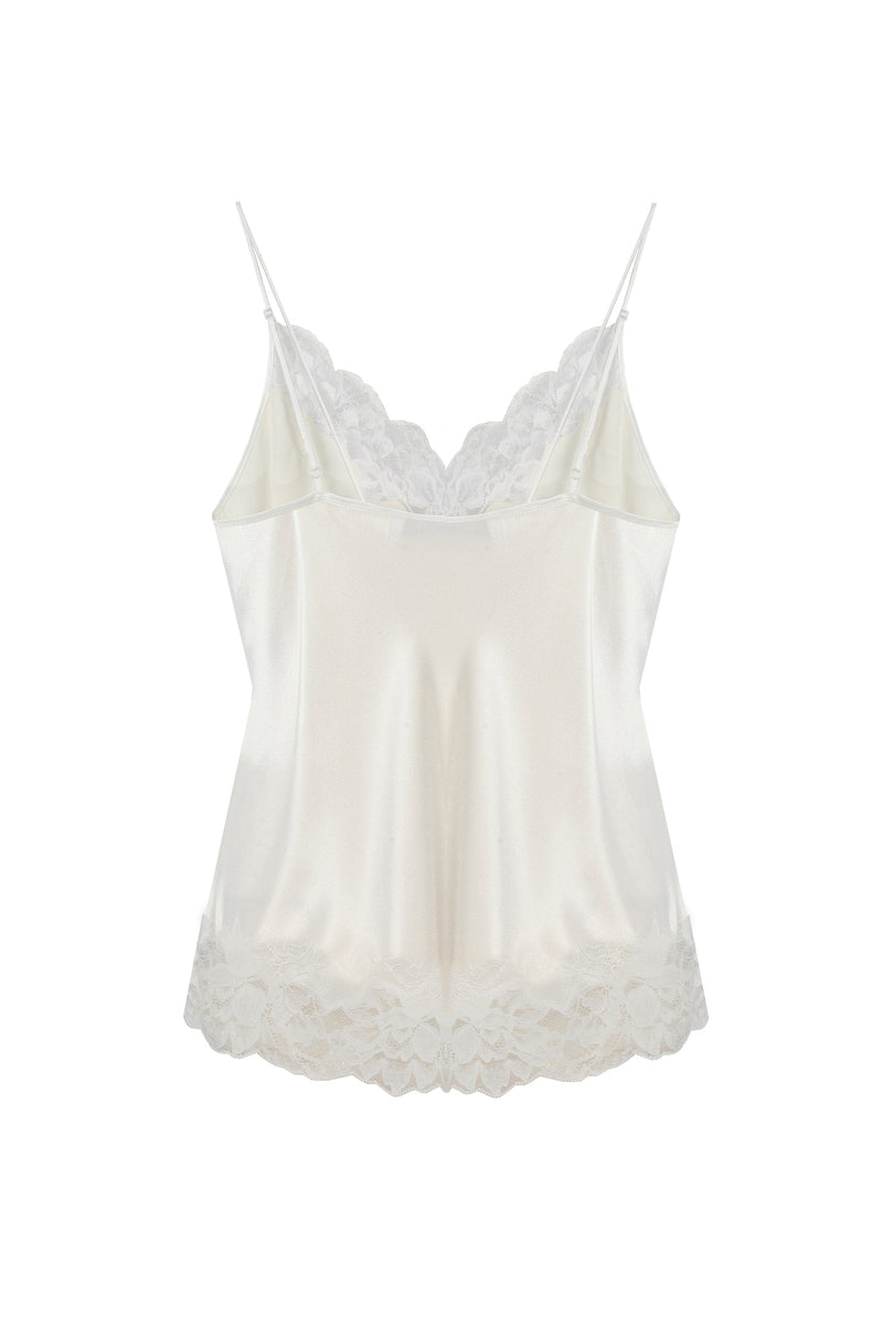 Bocan Couture Paige cami and high-waisted off-white pajama set with soft fabric and relaxed fit, displayed laid out on a neutral background.