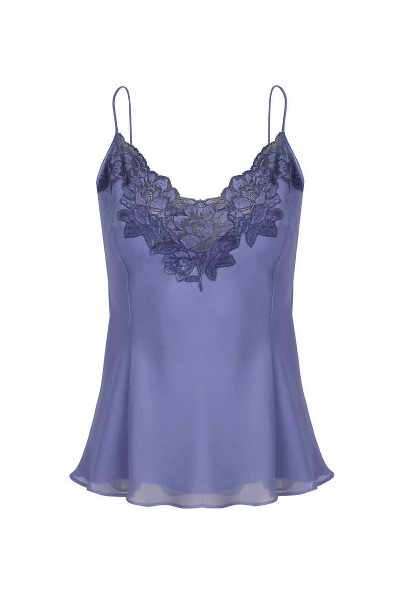 Bocan Couture Willow Silky Camisole and High-Waisted Lilac Pajama Set displayed on a bed, featuring soft satin fabric and relaxed fit.