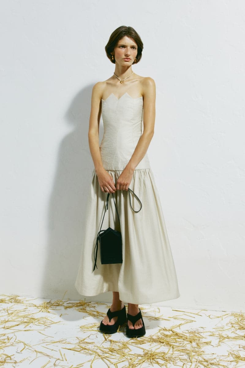 PODYH GONT BEIGE STRAPLESS A-LINE MIDI DRESS | Cult Mia PODYH GONT BEIGE STRAPLESS A-LINE MIDI DRESS | Cult Mia