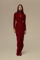 Red POEM Thalora midi gown with elegant flowy fabric and fitted waist, perfect for formal occasions.