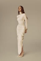 White POEM Thalora midi dress with a flowy silhouette and elegant design, perfect for stylish occasions.