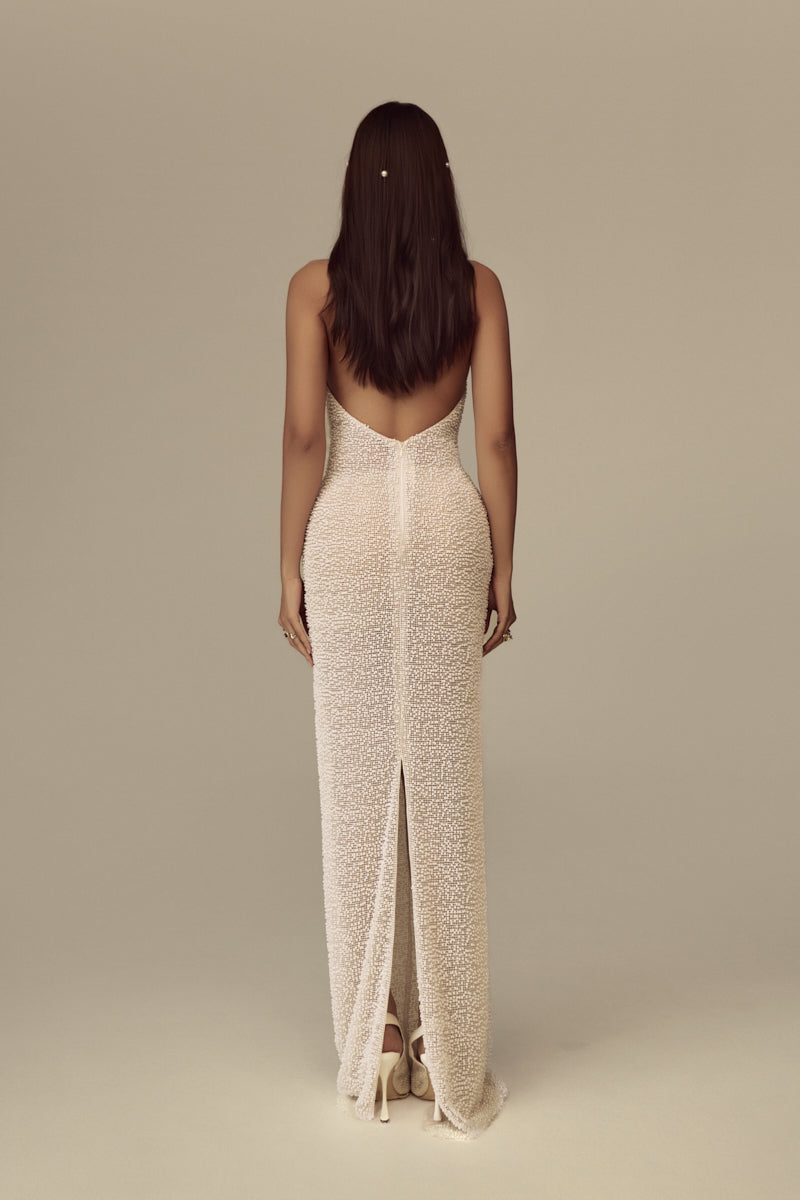 POEM Pearlescence maxi dress featuring elegant fabric and flowing design, perfect for formal occasions and summer events.