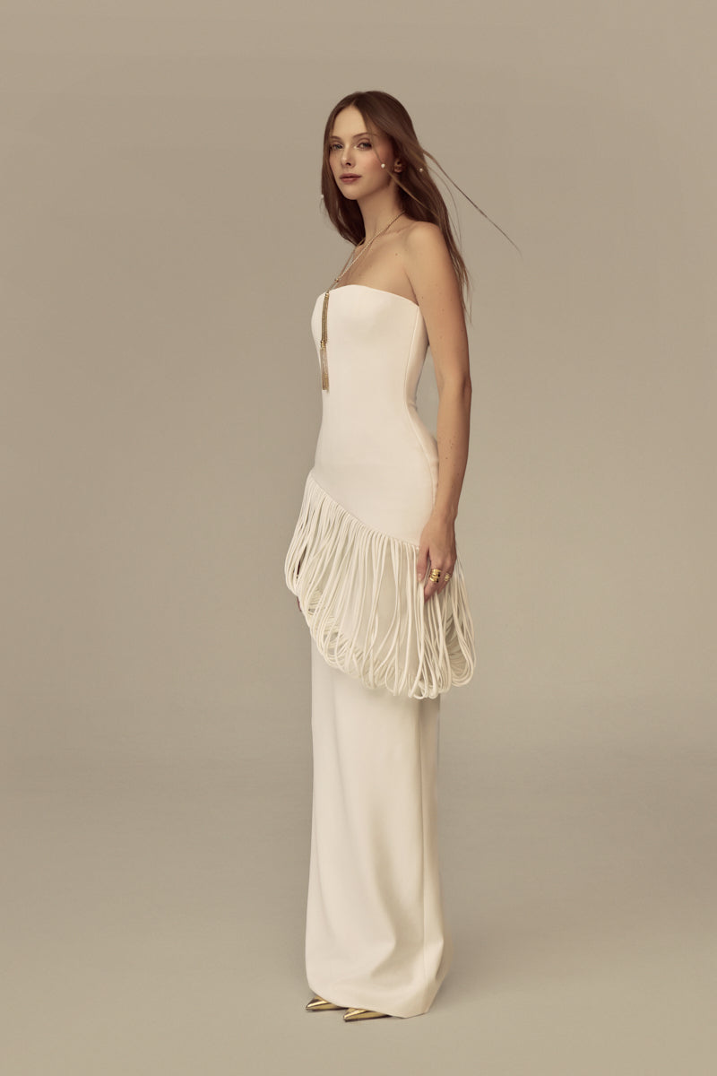 Poem Isolara midi dress in a flowing maxi style with a stylish design, displayed on a hanger against a neutral background.