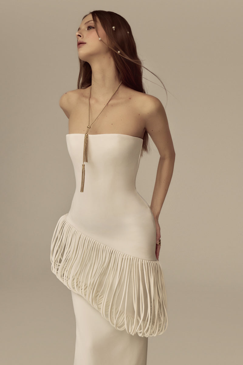 Elegant POEM Isolara Midi Gown in flowing fabric with a fitted waist and stylish neckline, perfect for formal occasions.