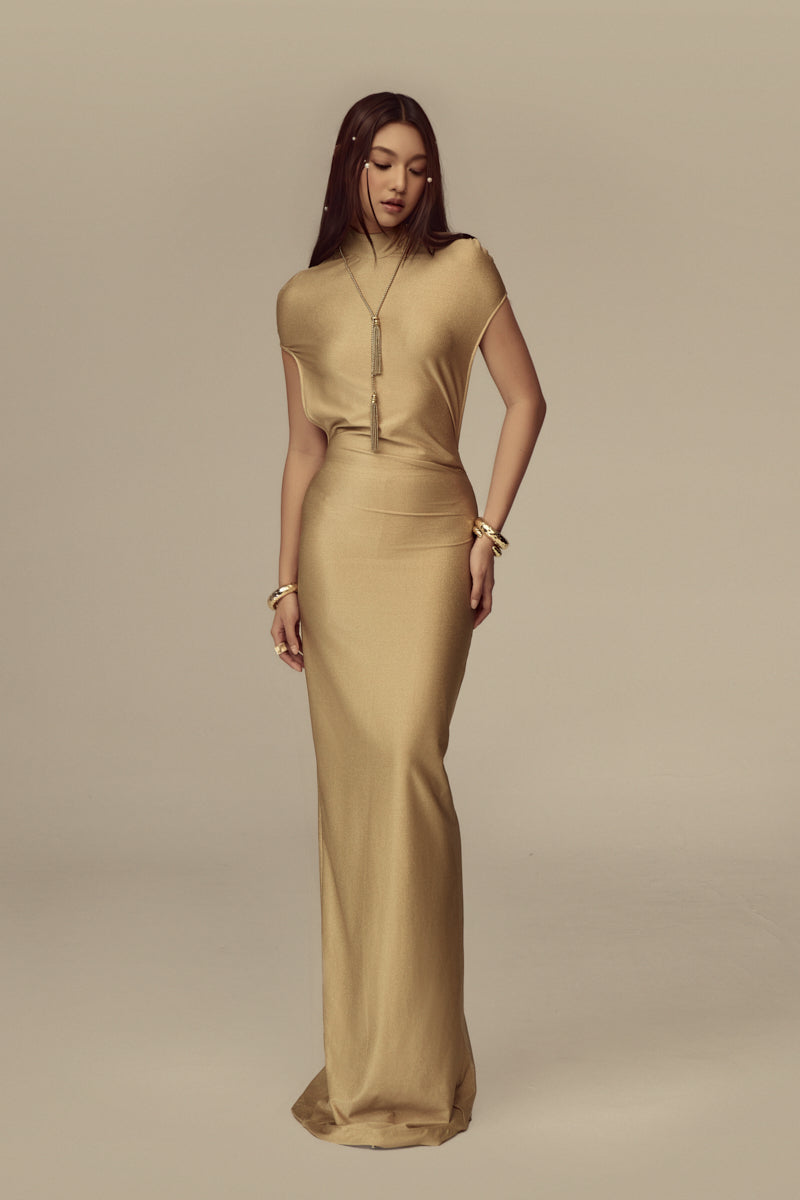 Elegant POEM Lucentia Maxi Dress featuring flowing fabric and a stylish design, perfect for formal or casual occasions.