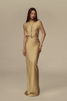 Poem Lucentia Maxi Dress in flowy fabric with a floral pattern, featuring a V-neck and long sleeves.