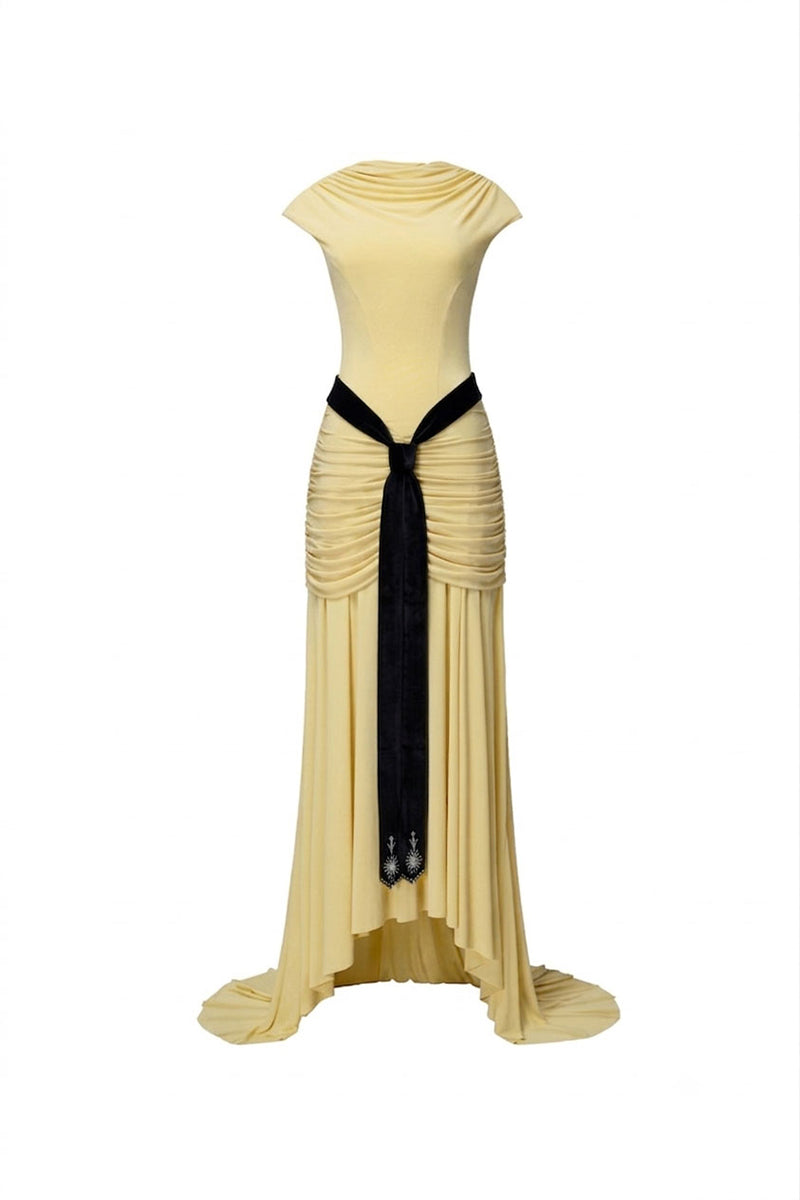Jenny K Tran Primrose yellow gown, elegant formal dress with flowing fabric and intricate design, perfect for special occasions.