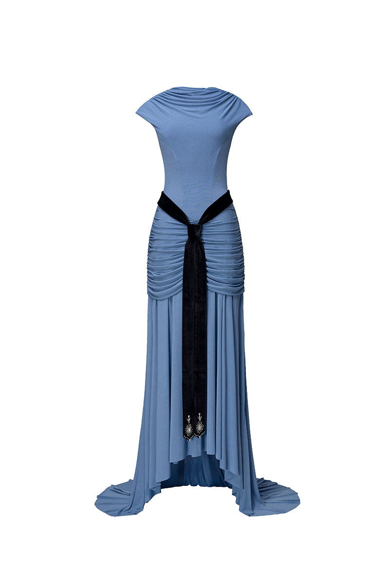 Jenny K Tran primrose blue gown, elegant evening dress with flowing fabric and intricate detailing for special occasions.