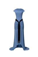 Jenny K Tran primrose blue gown, elegant evening dress with flowing fabric and intricate detailing for special occasions.