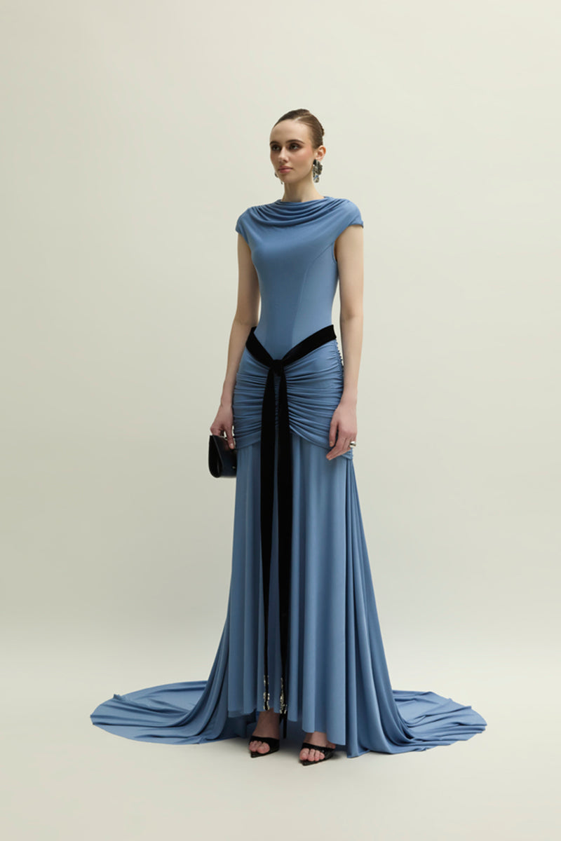 Blue Primrose dress gown by Jenny K Tran, featuring elegant fabric and flowing design for formal occasions.