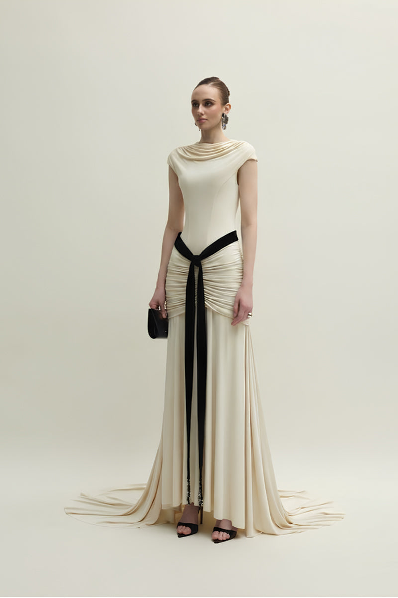 Jenny K Tran Primrose Ivory gown with elegant design, flowing fabric, and intricate details perfect for formal occasions.