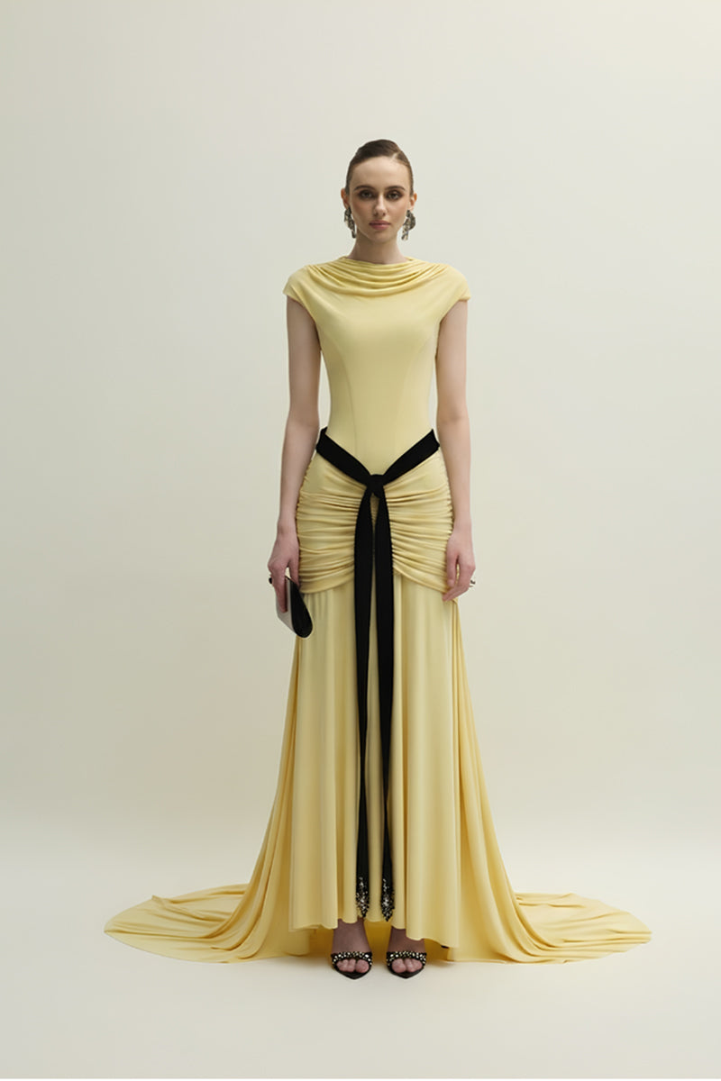 Yellow Primrose dress by Jenny K Tran, elegant gown with flowing fabric and floral design, perfect for formal occasions.