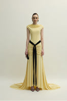 Yellow Primrose dress by Jenny K Tran, elegant gown with flowing fabric and floral design, perfect for formal occasions.