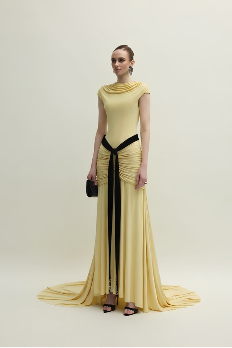 Yellow Primrose dress gown by Jenny K Tran, elegant sleeveless design with flowing fabric and floral details.