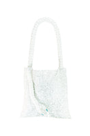 Small Serpent top handle bag in all white and silver by SAC DE SOUL, featuring a sleek, elegant design with metallic accents.