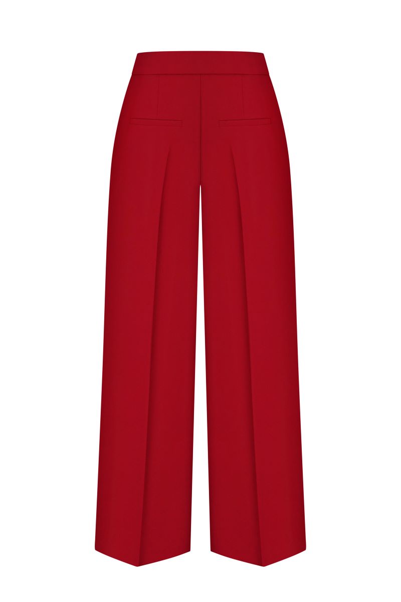 Red straight high-rise pants by NADYA DZYAK shown from the back view, featuring a sleek fit and clean design.