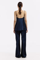 Serenity Paco navy V-neck silk satin camisole top displayed from the back, showcasing smooth satin fabric and elegant design.
