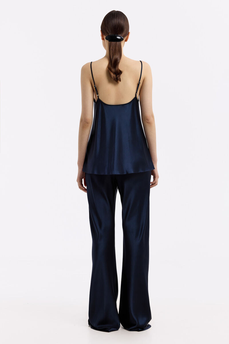 Serenity Paco navy V-neck silk satin camisole top displayed from the back, showcasing smooth satin fabric and elegant design.