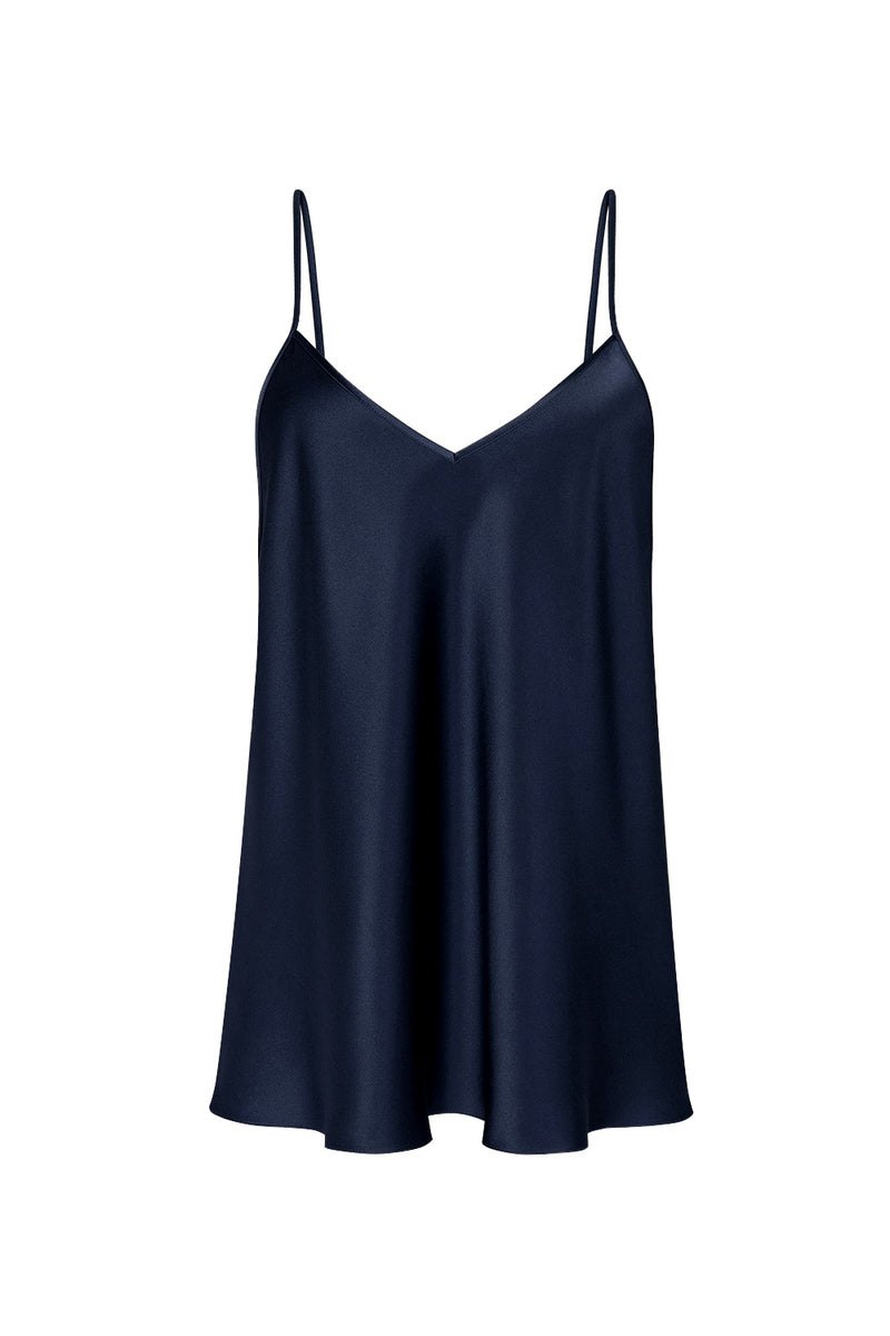 Serenity PACO navy V-neck silk satin cami top displayed on a hanger, highlighting smooth fabric and elegant design.