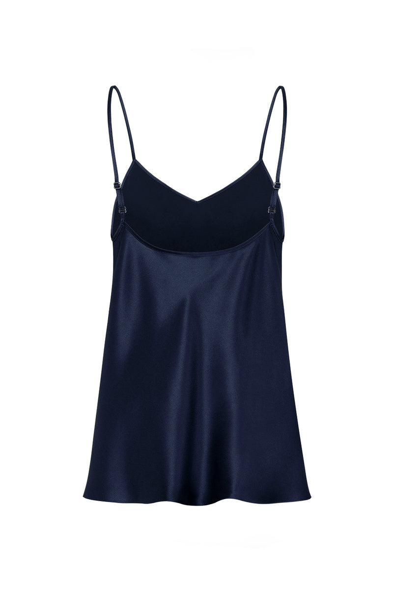 Serenity PACO Navy V-neck silk satin camisole top, featuring a smooth V-neckline and elegant satin finish.