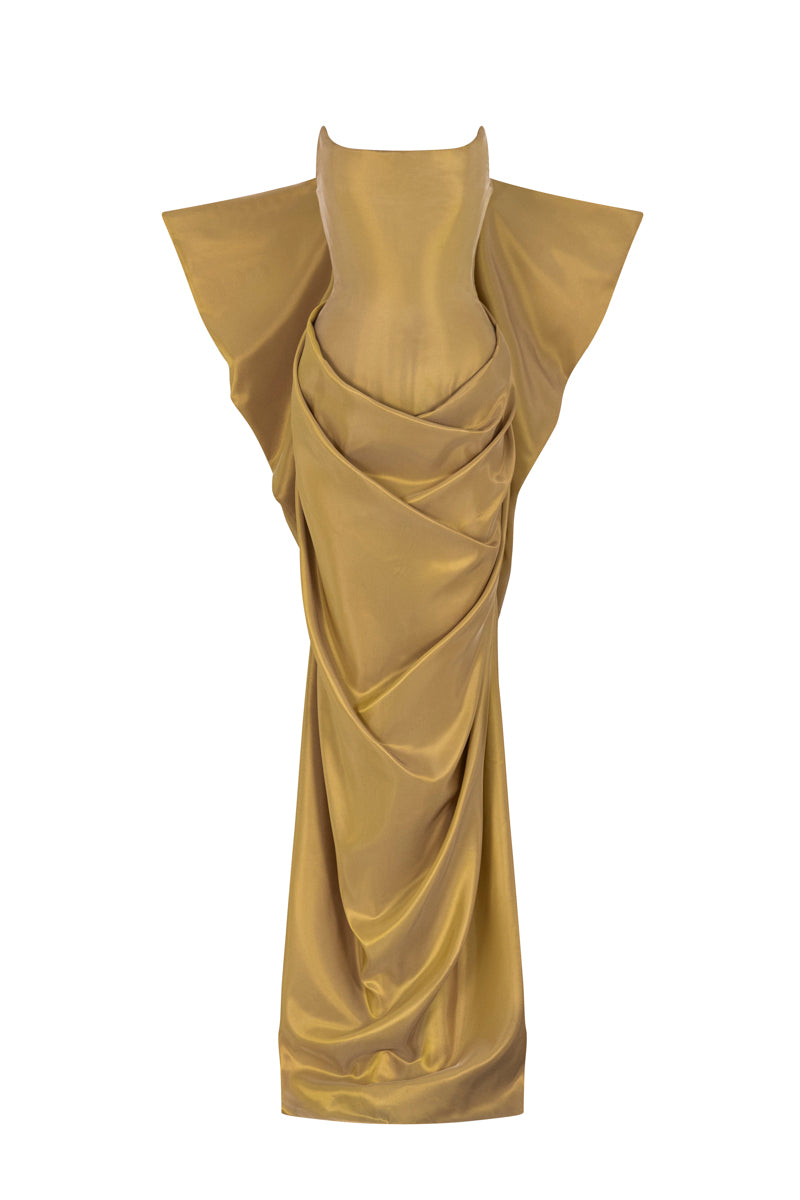 POEM Palais Gown in golden fleece fabric, elegant gown with flowing silhouette and intricate detailing, perfect for formal events.