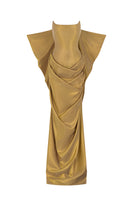 Elegant Palais gown by POEM featuring a flowing design in golden fleece fabric, displayed on a mannequin.