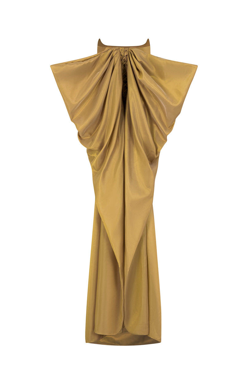 Poem Palais Gown with ghostly golden fleece fabric, flowing design, and elegant silhouette perfect for formal occasions.
