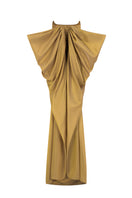 Elegant POEM Palais Gown in gold with flowing fabric, detailed design, and sophisticated style perfect for formal events.